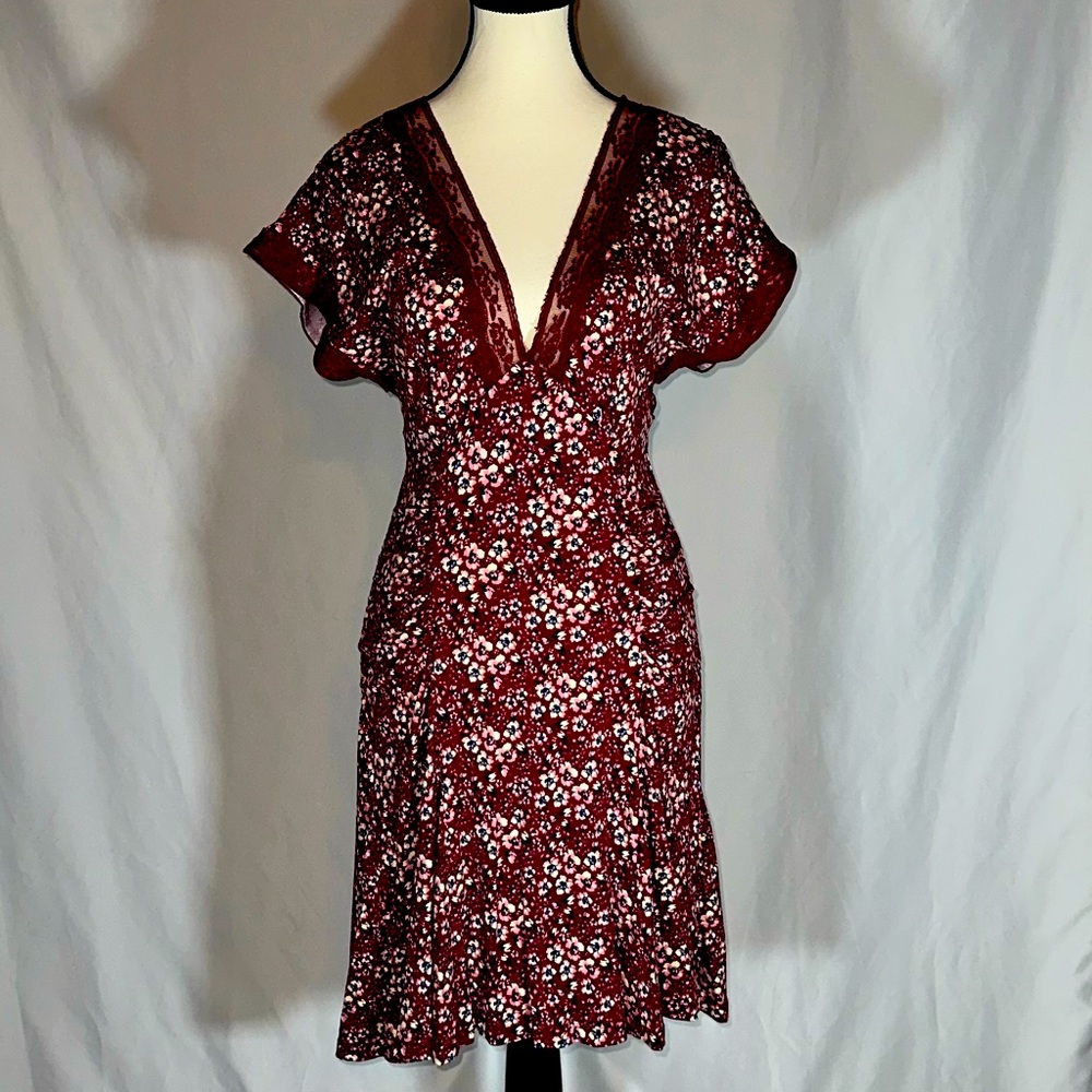Free People NWT Sweet Talker Floral Mini Dress S Wine Maroon Open Back Romantic